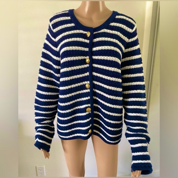 Gap Chunky Fisherman Striped Cardigan Sweater Gold Buttons size XL Blue - Picture 2 of 9